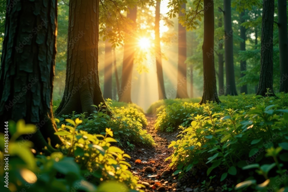 Fototapeta premium Golden sunlight filters through dense summer forest, scenic, green