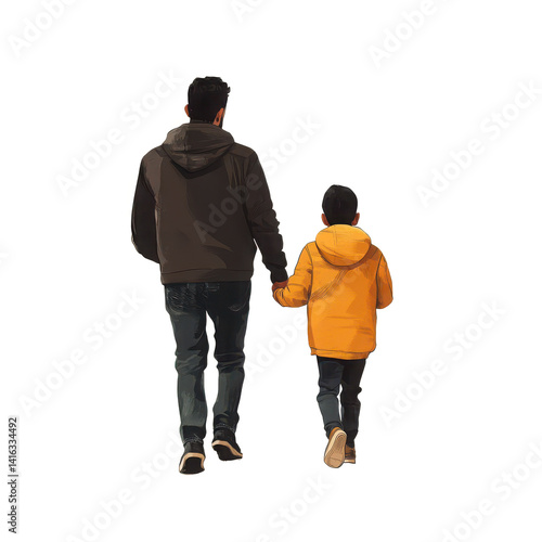 Father and son walking away holding hands, wearing hoodies and jeans, back view, isolated on black background