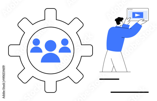 Gear with user icons symbolizing teamwork, individual showing a video screen. Ideal for collaboration, project management, team growth, digital learning, content creation, training, simple landing