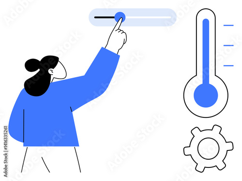 Hand manipulates slider beside thermometer indicating levels, accompanied by cogwheel. Ideal for settings, control, adjustment, customization, configuration, usability user interface themes. Flat