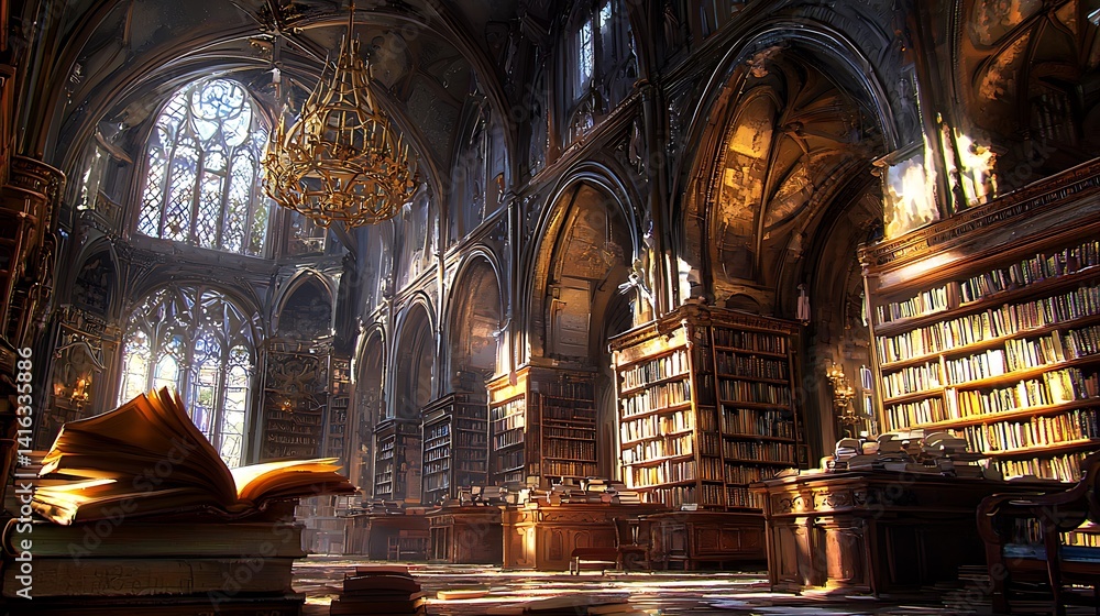 Fototapeta premium Sunlit grand gothic library interior with bookshelves, chandeliers, and stained glass.