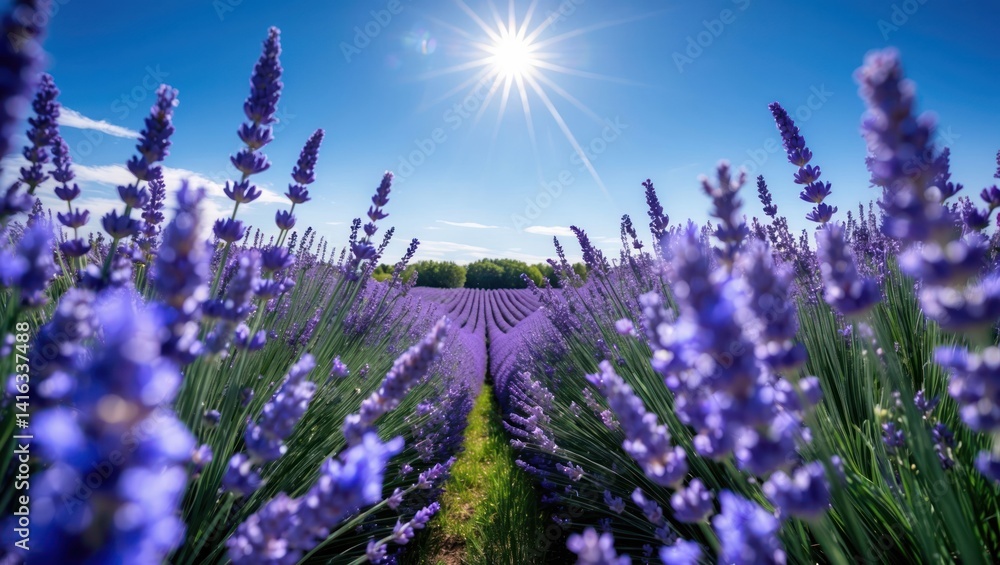 Naklejka premium Lavender Field Blooming under Bright Sun with Blue Sky Overhead