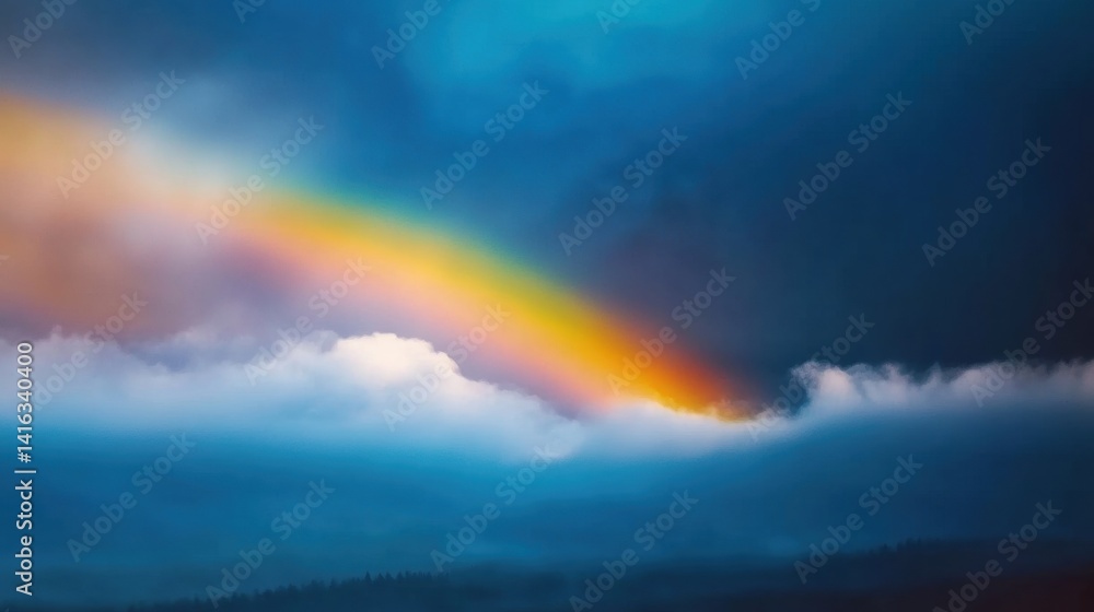 Fototapeta premium A stunning rainbow arcs across the sky, contrasting with dark storm clouds, creating a vibrant display at twilight