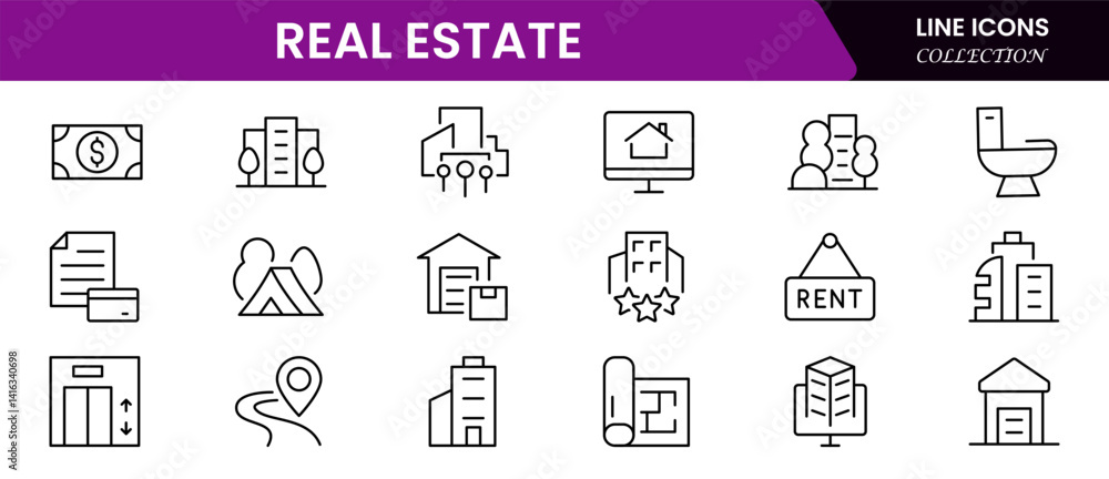 Real Estate minimal thin line web icon set. Included the icons as realty, property, mortgage, home loan and more. Outline icons collection. Simple vector Real Estate minimal thin line web icon set. Included the icons as realty, property, mortgage, home loan and more. Outline icons collection. Simple vector