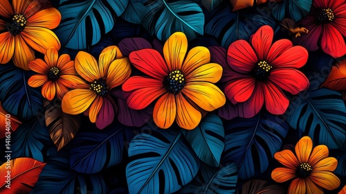 Wallpaper Mural Artistic tapestry of radiant floral blooms set against a serene indigo backdrop showcasing a vibrant symphony of natural elegance and timeless beauty Torontodigital.ca