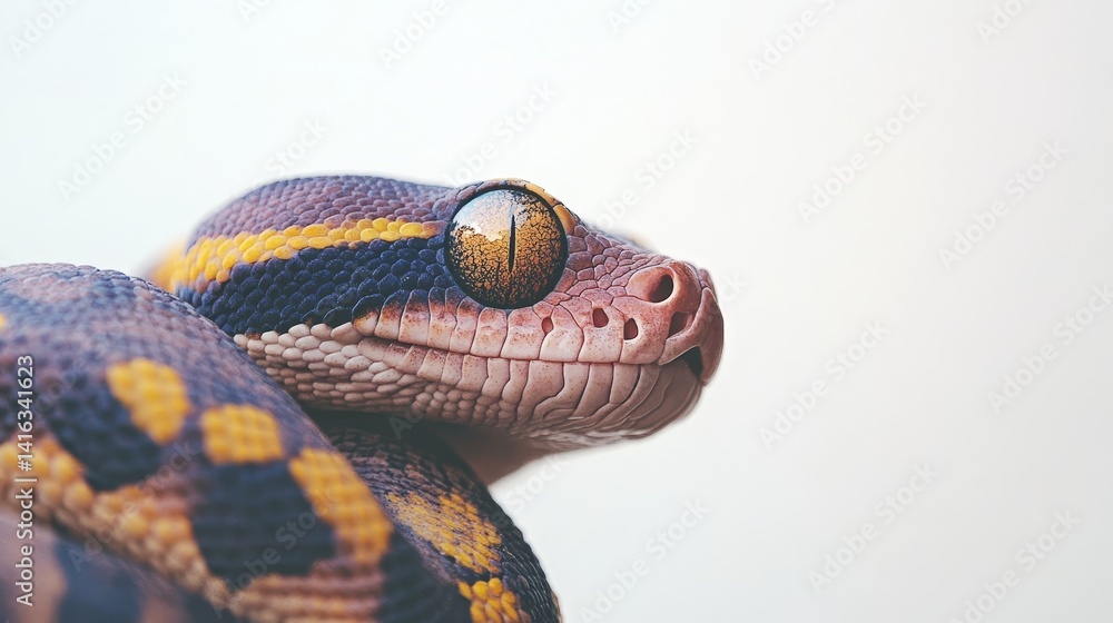 Obraz premium Detailed shot of a ringed python's head showcasing its unique scales and eye structure set against a clean background for editorial use