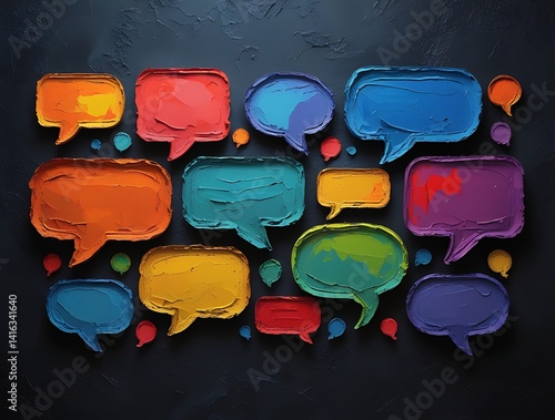 Vivid painted chat icons in a modern abstract style, symbolizing social media, messaging, online talking, and artistic expression with vibrant colors on a dark canvas


