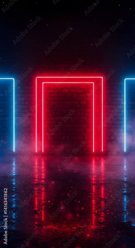 Neon-lit brick wall bathed in cyberpunk hues. Red and blue smoke drift in the air. Rays of neon light reflect off slick asphalt. Empty, moody scene with space for text.