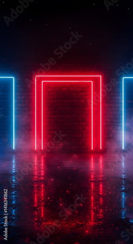 Obraz na płótnie Neon-lit brick wall bathed in cyberpunk hues. Red and blue smoke drift in the air. Rays of neon light reflect off slick asphalt. Empty, moody scene with space for text. w salonie