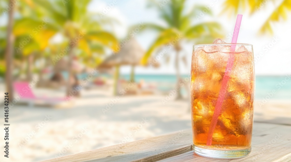 A glass filled with a cold drink sits on a table, surrounded by palm trees and the soft sounds of the ocean on a sunny beach A glass filled with a cold drink sits on a table, surrounded by palm trees and the soft sounds of the ocean on a sunny beach