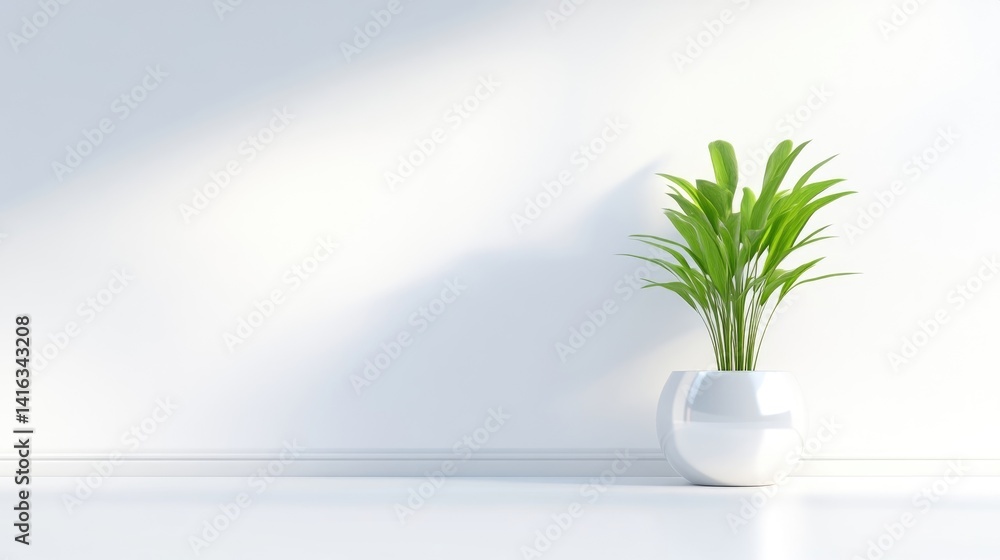 Minimalist interior scene with a potted plant. A simple, bright, and modern scene showcasing a single plant in a white pot against a white wall. Soft sunlight casts subtle shadows Minimalist interior scene with a potted plant. A simple, bright, and modern scene showcasing a single plant in a white pot against a white wall. Soft sunlight casts subtle shadows
