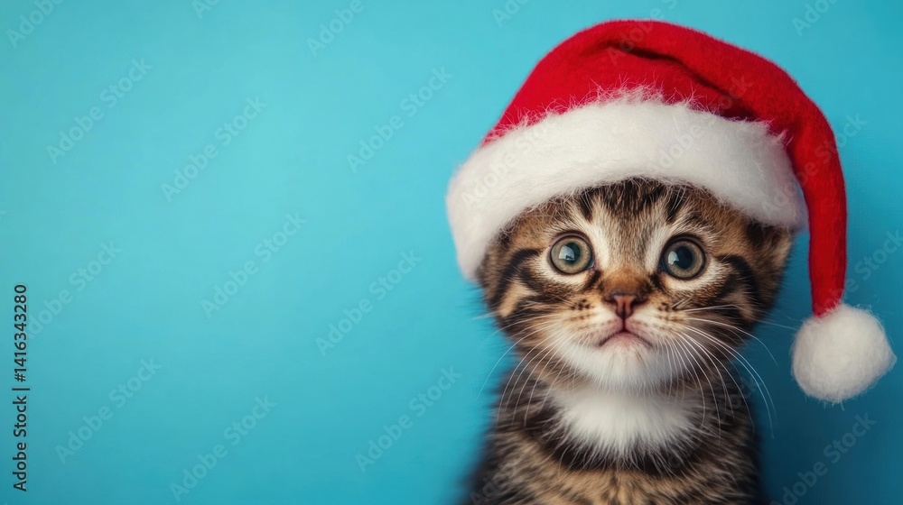 A playful kitten dons a soft Santa hat, looking curiously at the camera with bright blue eyes, embodying holiday cheer and cuteness A playful kitten dons a soft Santa hat, looking curiously at the camera with bright blue eyes, embodying holiday cheer and cuteness