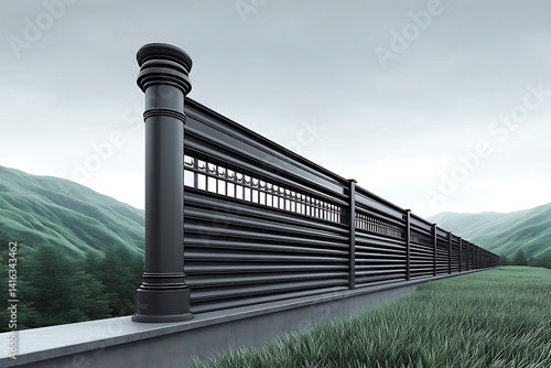 Modern Black Fence with Mountain View, and Landscape Design.