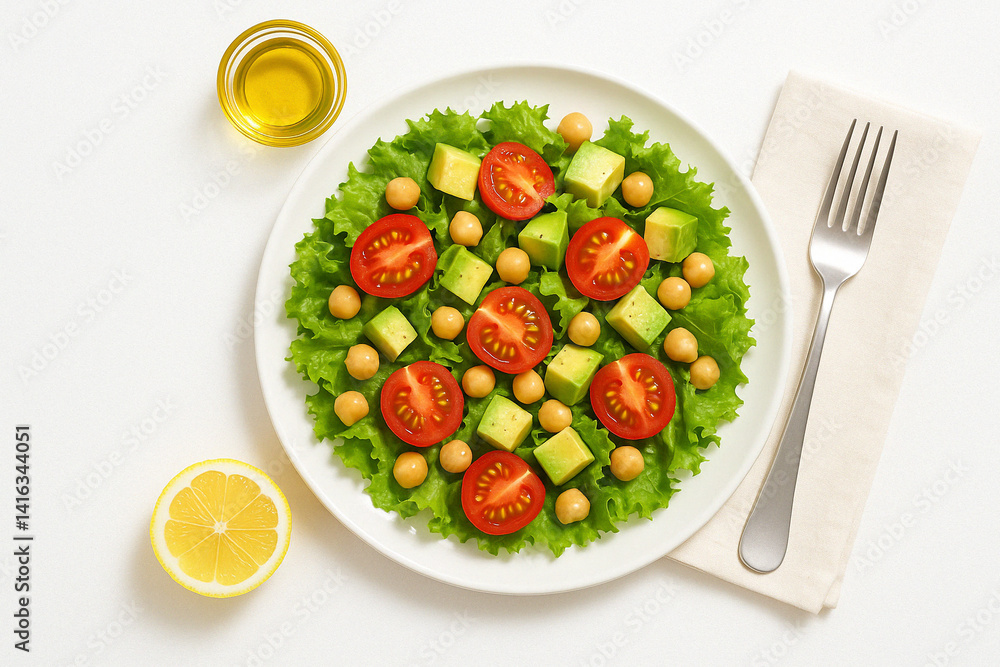 Salada fresca com alface, abacate, grão-de-bico e tomate cereja em fundo branco Salada fresca com alface, abacate, grão-de-bico e tomate cereja em fundo branco