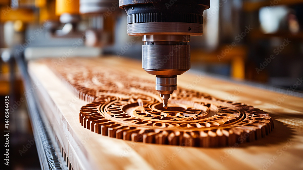 CNC milling machine carving intricate patterns into a wooden panel, detailed craftsmanship, woodworking workshop filled with tools, precision engineering, sawdust particles in the air
CNC milling machine carving intricate patterns into a wooden panel, detailed craftsmanship, woodworking workshop filled with tools, precision engineering, sawdust particles in the air