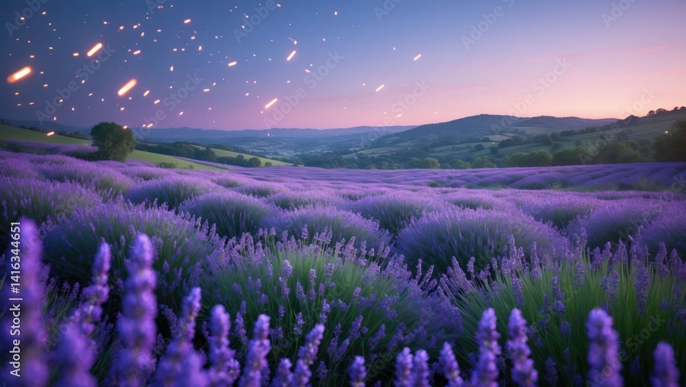 Naklejka premium Lavender field at dusk with distant hills and falling stars
