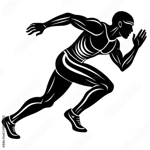 Line art vector silhouette of a sprinter in a fast running position, leaning forward with extended legs