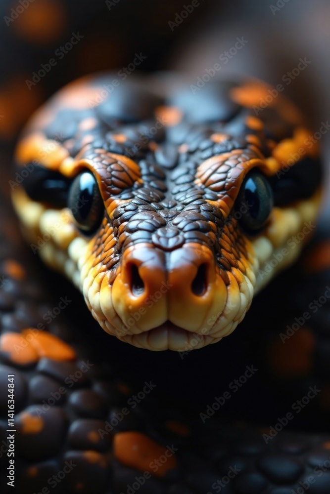 Fototapeta premium Snake's face in close-up, focusing on scales and pupils, reptiles, snake species, blue snake