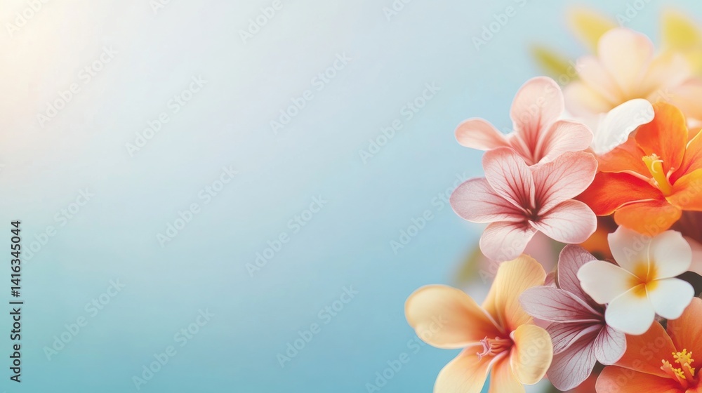Naklejka premium A vibrant mix of tropical flowers showcases hues of orange, pink, and white, arranged artistically on a calming blue backdrop, evoking warmth