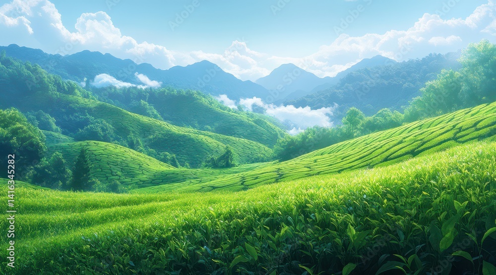 Fototapeta premium Lush green tea plantations on rolling hills