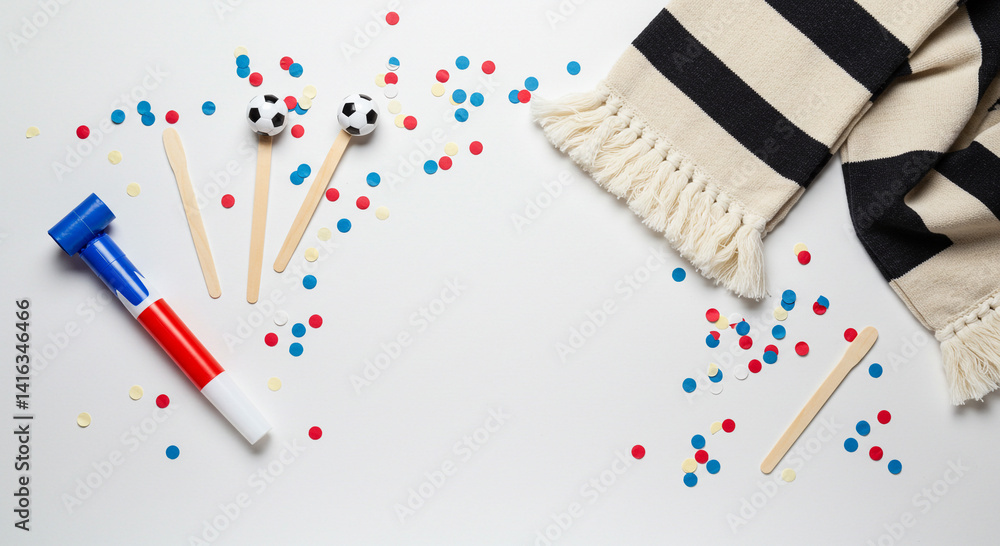 Obraz premium A festive scene featuring soccer-themed decorations and colorful confetti on a white surface.