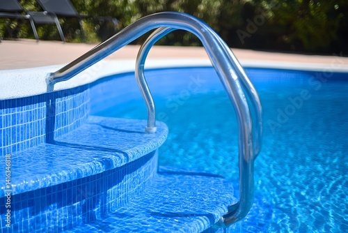 Refreshing Poolside View Stainless Steel Ladder Leading into Crystal Blue Waters
