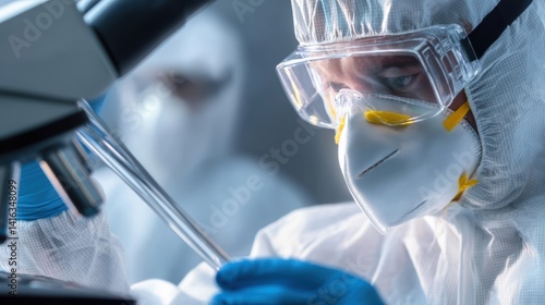 A lab technician in protective gear examines samples under a microscope, emphasizing safety in scientific research.