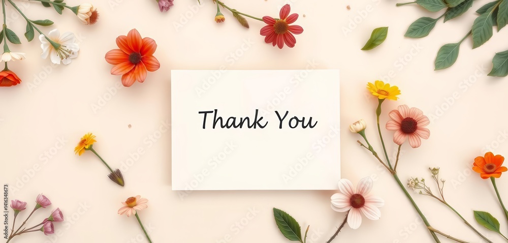 Obraz premium Blank beige square thank you card mockup with botanical illustrations, flat lay, copy space, copy space, texture