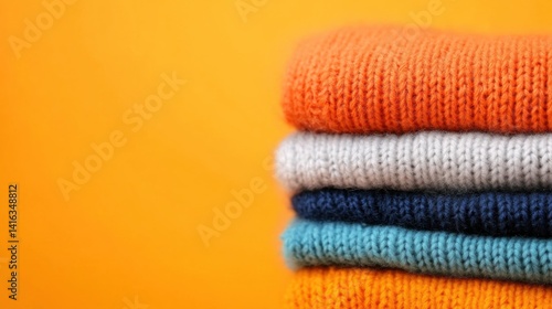 Colorful knitted sweaters in orange, grey, navy, and teal are beautifully stacked against a vibrant orange backdrop
