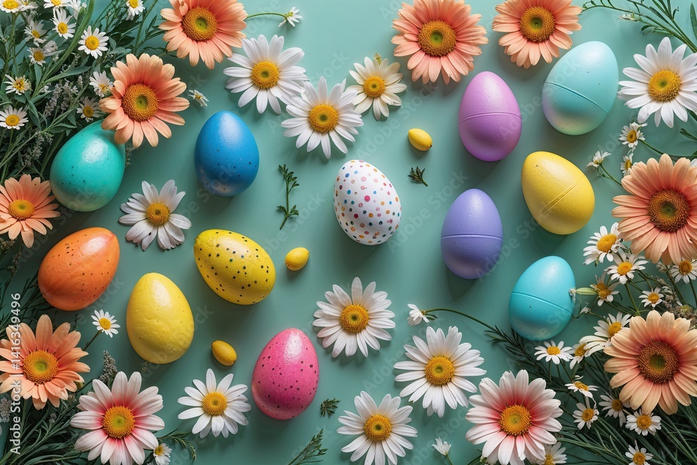Spring Equinox Festivities Featuring Colorful Easter Eggs and Daisies on a Tranquil Mint Background Spring Equinox Festivities Featuring Colorful Easter Eggs and Daisies on a Tranquil Mint Background