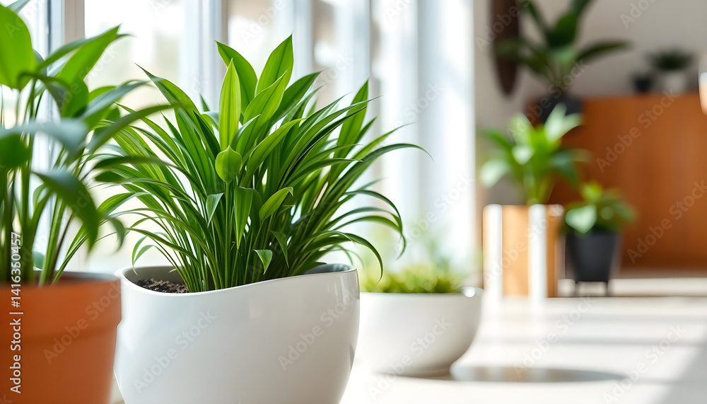 Fototapeta premium three potted plants sitting on top of a table