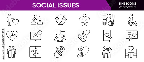 Social Issues Icon Set. Thought-provoking and impactful icons designed to raise awareness and promote engagement, perfect for enhancing campaigns, Vector illustration web line icon collection