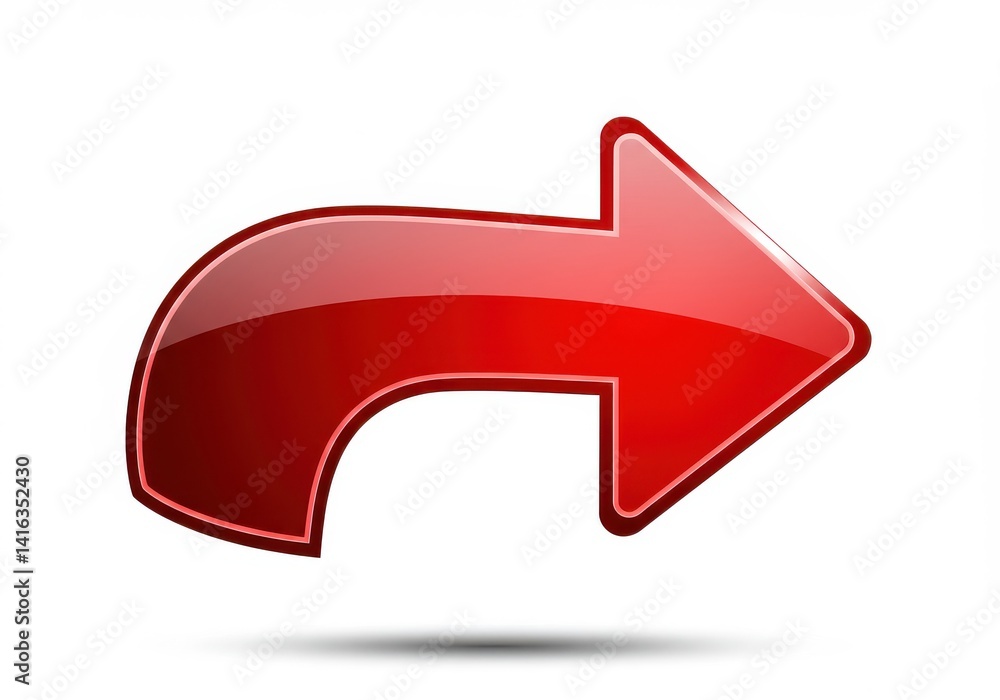A glossy red arrow curving to the left and pointing to the right on a white background with a shadow A glossy red arrow curving to the left and pointing to the right on a white background with a shadow