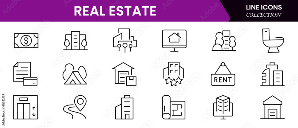 Real Estate minimal thin line web icon set. Included the icons as realty, property, mortgage, home loan and more. Outline icons collection. Simple vector Real Estate minimal thin line web icon set. Included the icons as realty, property, mortgage, home loan and more. Outline icons collection. Simple vector