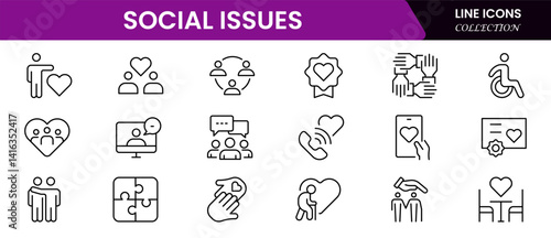 Social Issues Icon Set. Thought-provoking and impactful icons designed to raise awareness and promote engagement, perfect for enhancing campaigns, Vector illustration web line icon collection