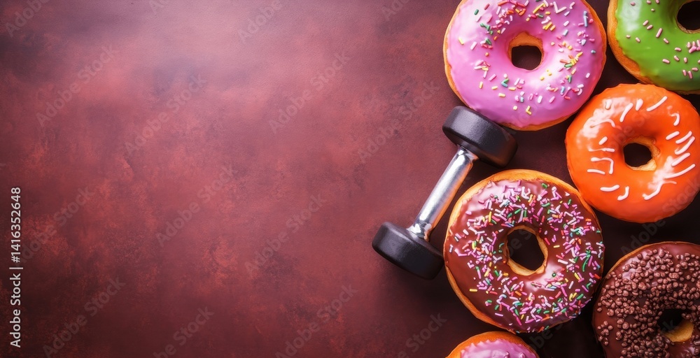 A variety of colorful donuts with sprinkles are arranged next to a dumbbell on a rustic wooden table, highlighting a playful lifestyle concept