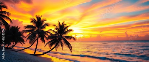 Vibrant sunset over Cancun beach, palm trees silhouetted against fiery sky, sand, art
