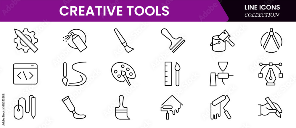 Creative Tools icon set Icon Collection. Includes art, blueprint, camera, canvas, color sample, and More. Outline icons vector collection. Creative Tools icon set Icon Collection. Includes art, blueprint, camera, canvas, color sample, and More. Outline icons vector collection.