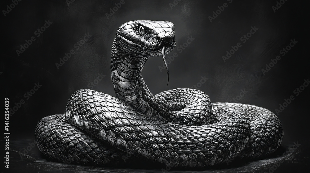 Fototapeta premium Coiled cobra with its hood flared, showcasing classic artistic style and intricate line work — sketch engraving, generative AI vector illustration in scratchboard imitation, black and white image