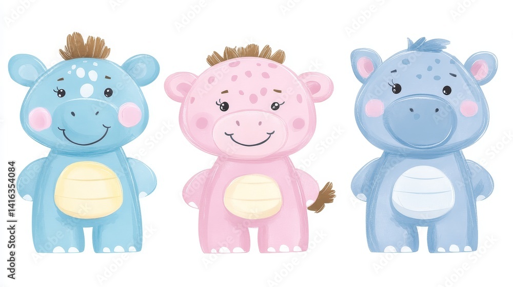 Obraz premium Charming watercolor hippos with crowns whimsical animal illustration for baby shower birthday invitation and nursery art prints adorable hippopotamus illustration