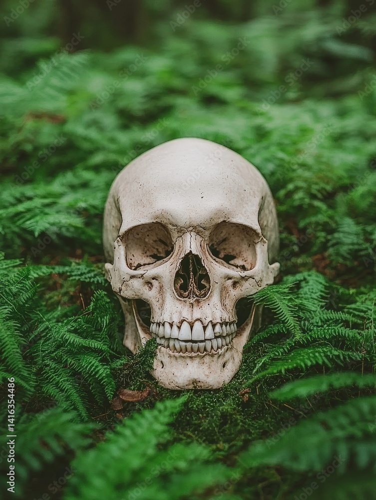 Realistic Pirate Skull Surrounded by Lush Green Moss in Enchanted Forest Setting Realistic Pirate Skull Surrounded by Lush Green Moss in Enchanted Forest Setting