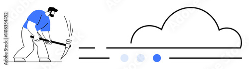Man wielding pickaxe extracting data with cloud symbol. Ideal for data management, cloud services, digital mining, tech innovation, business solutions, teamwork, simple landing page