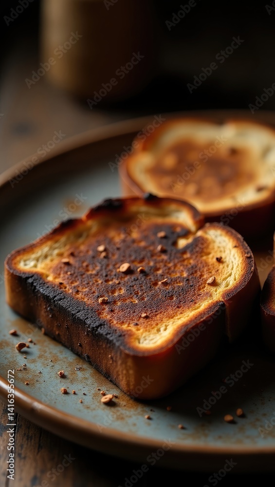 Slices of burnt toast on a rustic plate, with a warm kitchen background and soft lighting Slices of burnt toast on a rustic plate, with a warm kitchen background and soft lighting