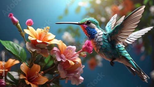 A vibrant hummingbird with iridescent blue and green feathers hovers mid-air
