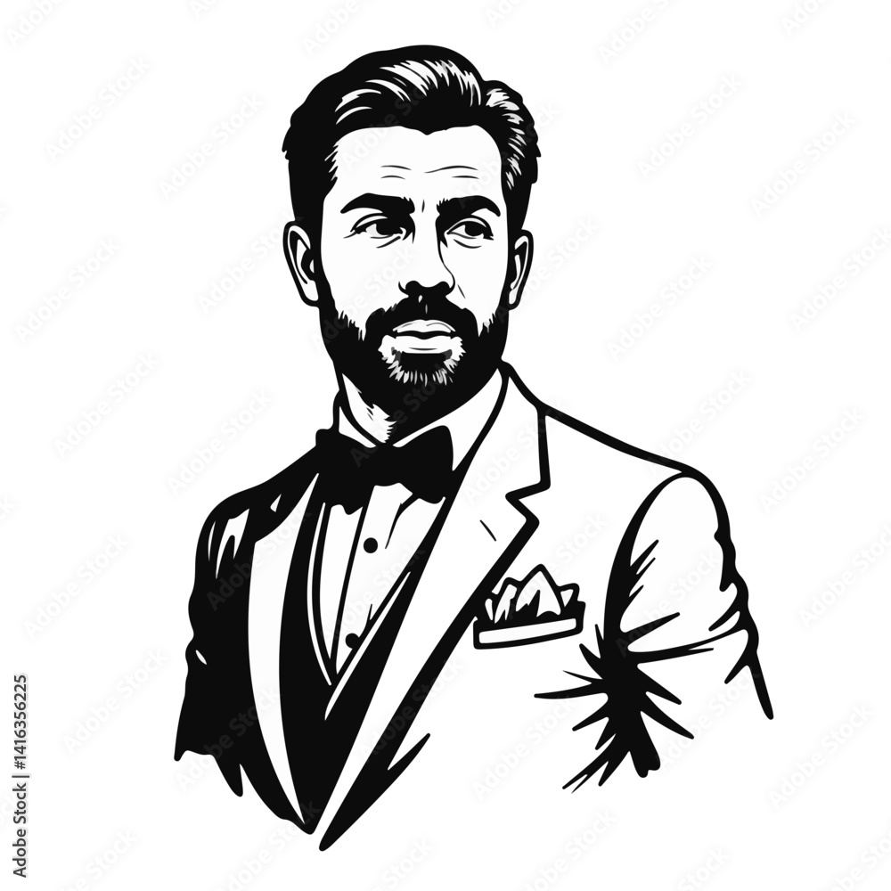 Stylish man in a tuxedo with a pocket square in black and white Stylish man in a tuxedo with a pocket square in black and white