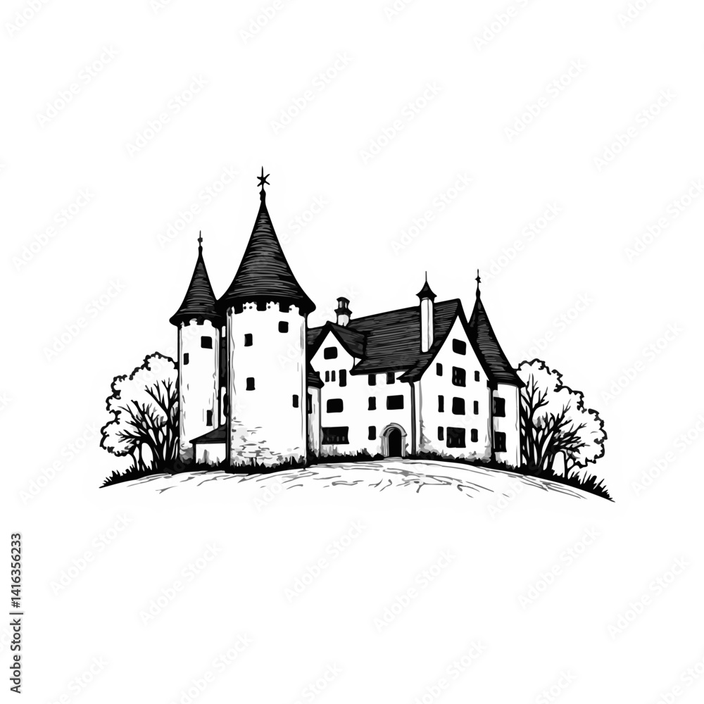 Historic castle illustration with trees on a hill Historic castle illustration with trees on a hill