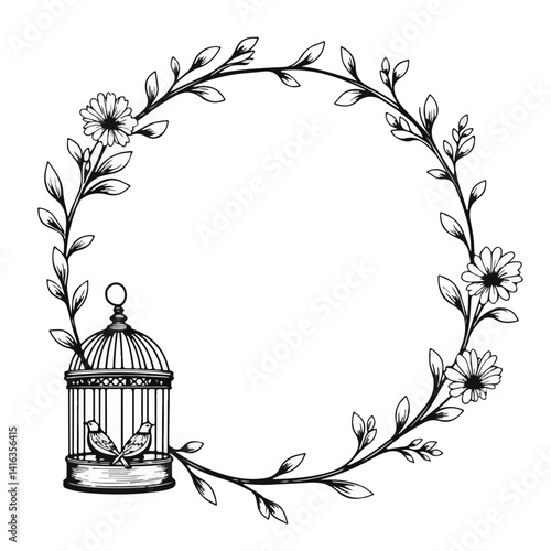 Wedding decor with birdcages and flowers in floral frame  