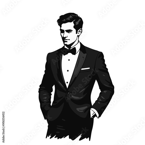 Elegant man in a black tuxedo standing confidently against a minimalist background  