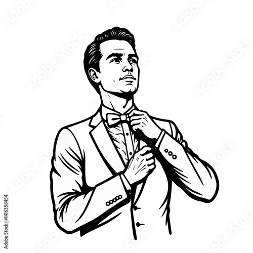 Groom adjusting his tie in a formal attire against a plain background  
