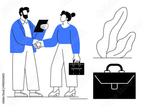 Wallpaper Mural Man and woman shaking hands, holding documents and briefcase, symbolizing negotiations and teamwork. Ideal for business, partnership, collaboration, networking, agreement, recruitment simple landing Torontodigital.ca
